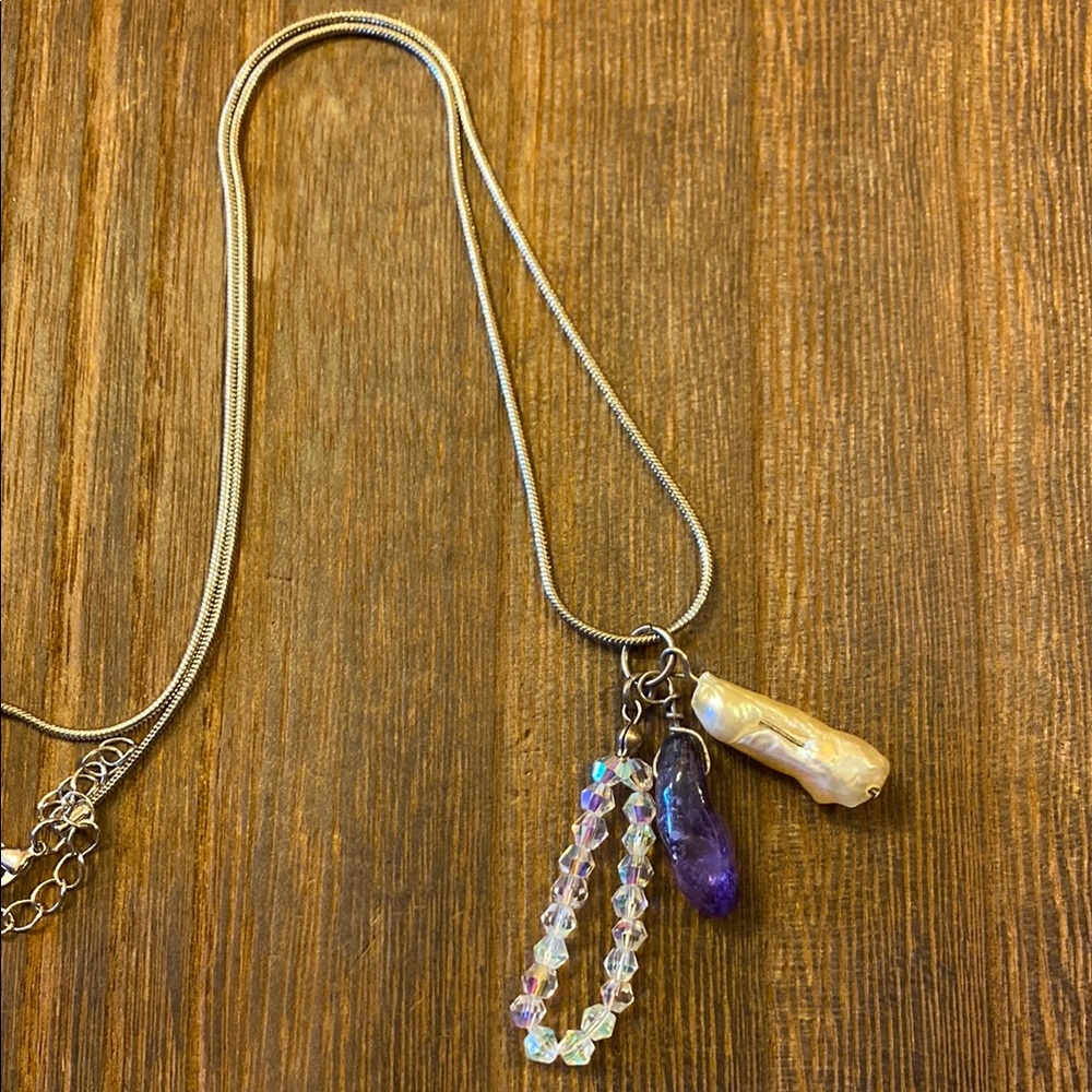 White Biwa Pearl, Amethyst, Crystal Pendant Necklace